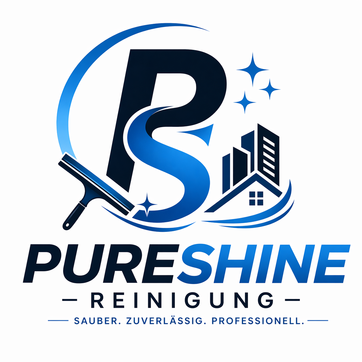 PureShine Reinigung – Logo mit Abzieher und Gebäuden